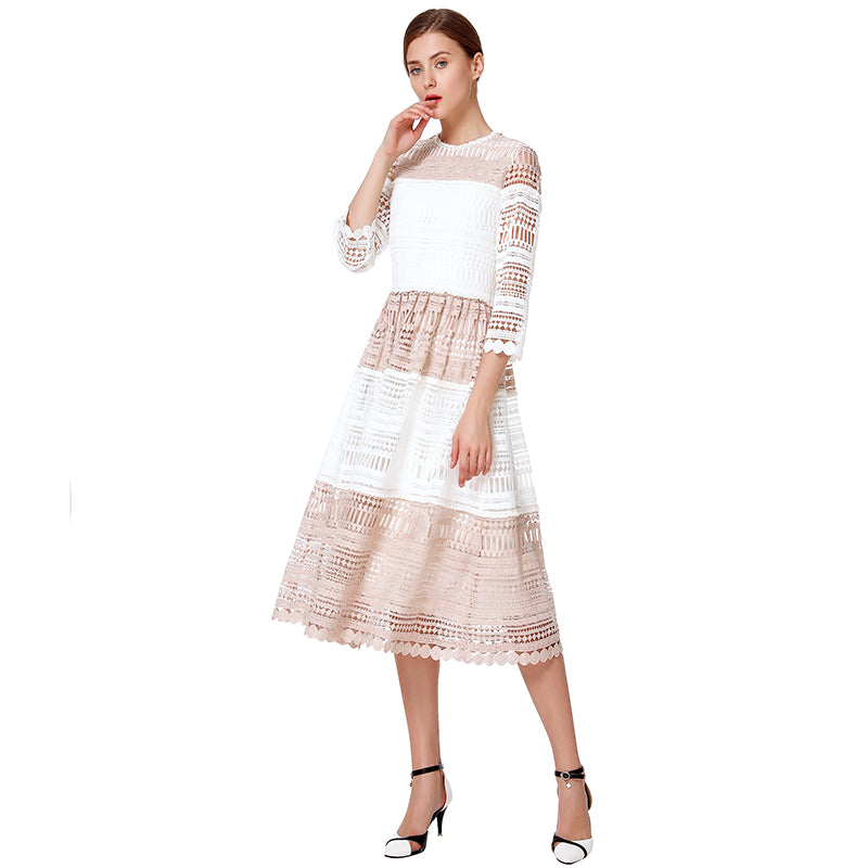 JJparty-D139 Women macramé lace-panelled three-quarter sleeves flared midi dress