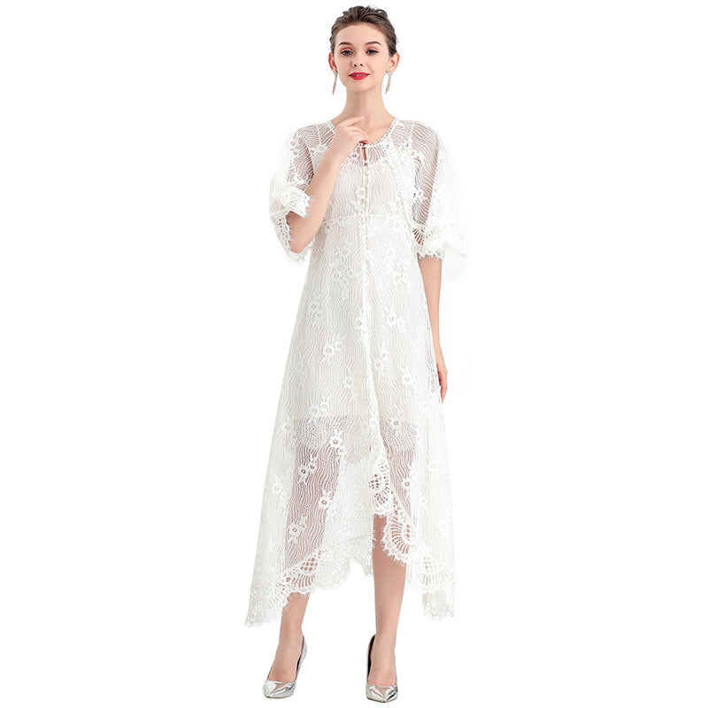 JJparty-D078-2 Women floral lace cape sleeve flared asymmetric hem midi evening dress