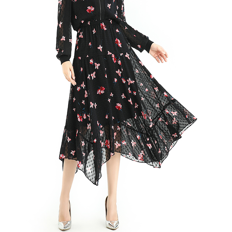 JJparty-S068-9 Women print swiss-dot clipped jacquard asymmetric panelled long flare handkerchief skirt