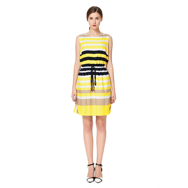JJparty-D039 Women stripe print round neck sleeveless tie-waist straight-cut mini dress