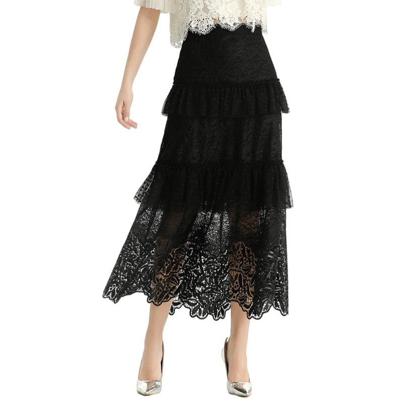 JJparty-S167 Women sequin embellished lace Swiss dot tulle tiered ruffle long evening skirt