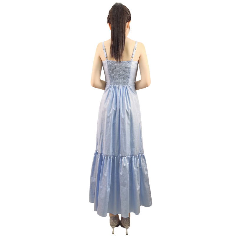 JJparty-D296 Women cotton strappy smocked back tiered ruffle flared midi dress