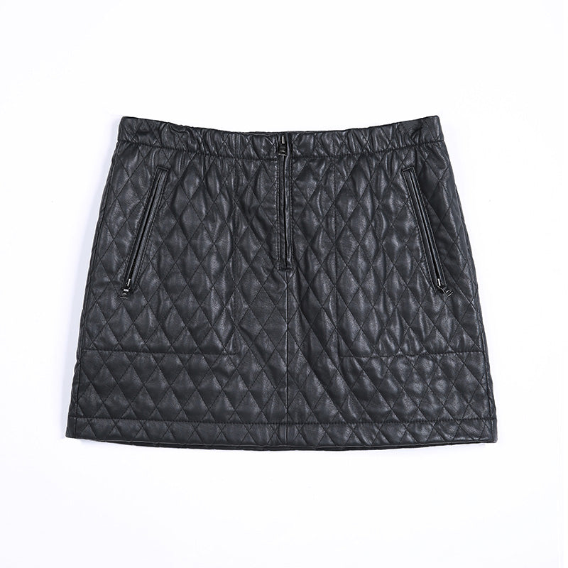 JJparty-S253 Women faux leather diamond quilted mini skirt