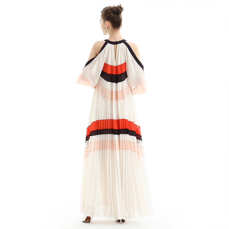 JJparty-D074 Women color block cut out shoulder three-quarter sleeves pleated maxi evening dress