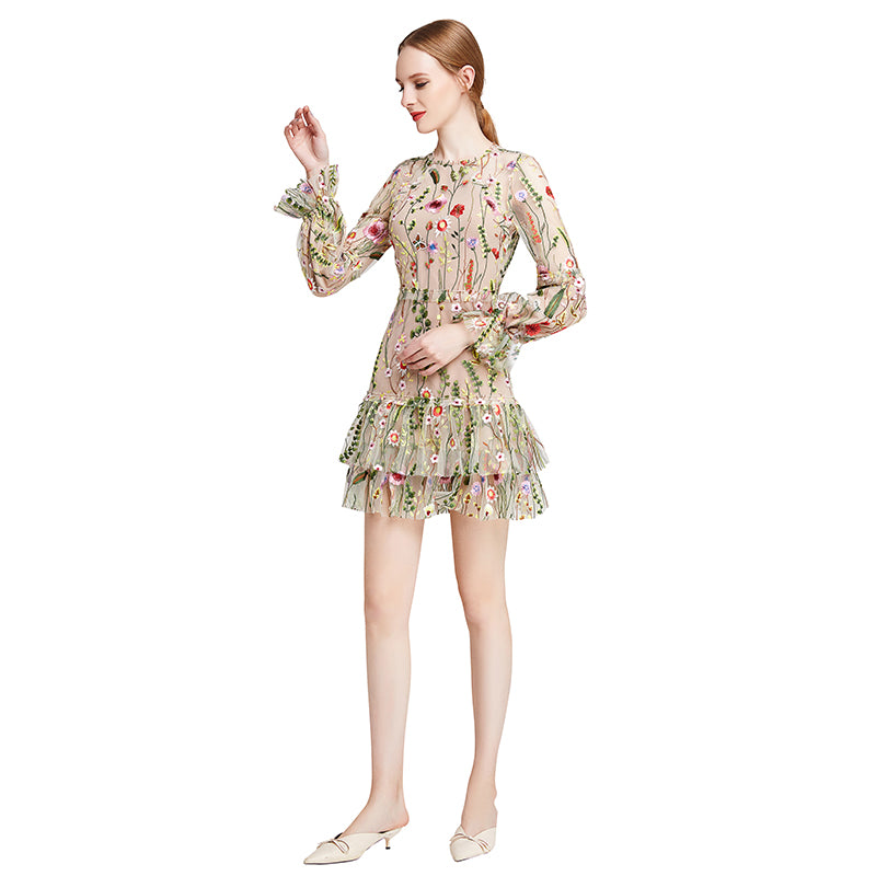 JJparty-D005 Women all-over embroidered long bell sleeves mini party dress
