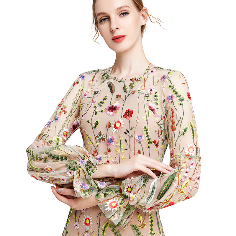 JJparty-D005 Women all-over embroidered long bell sleeves mini party dress