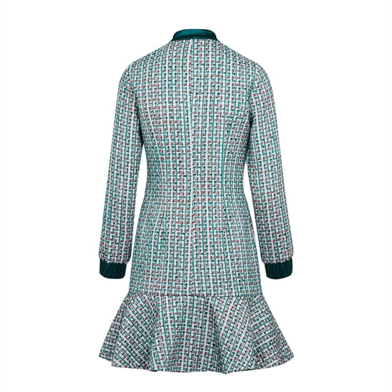 JJparty-C151 Women Yarn dye tweed long sleeves flounce hem career mini dress