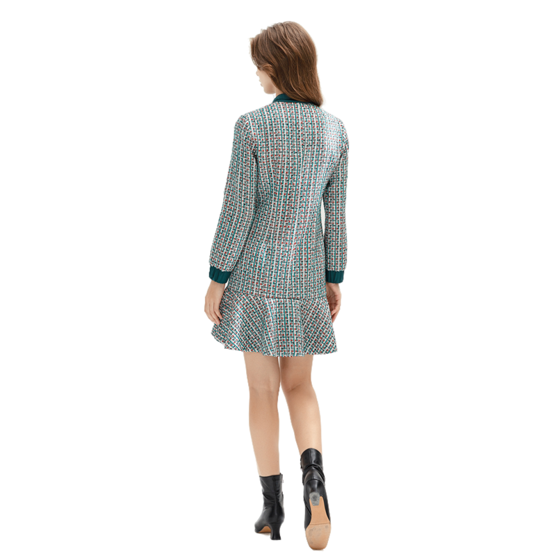 JJparty-C151 Women Yarn dye tweed long sleeves flounce hem career mini dress