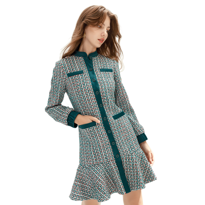 JJparty-C151 Women Yarn dye tweed long sleeves flounce hem career mini dress