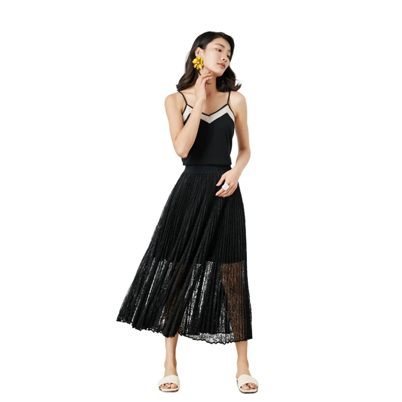JJparty-C163 Women floral lace elasticated waist full circle sunburst pleated midi skirt