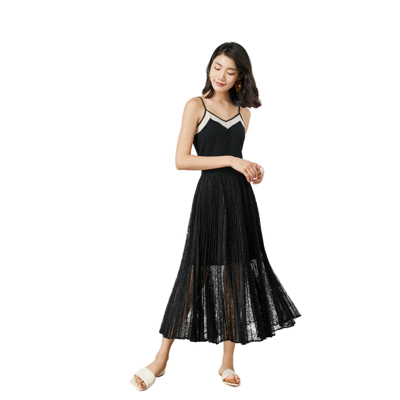 JJparty-C163 Women floral lace elasticated waist full circle sunburst pleated midi skirt