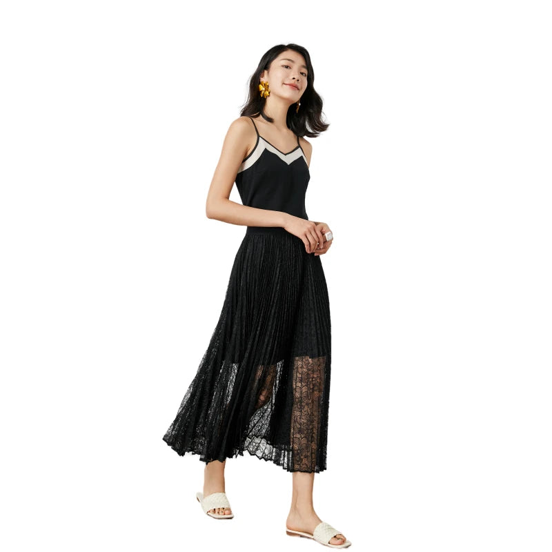 JJparty-C163 Women floral lace elasticated waist full circle sunburst pleated midi skirt