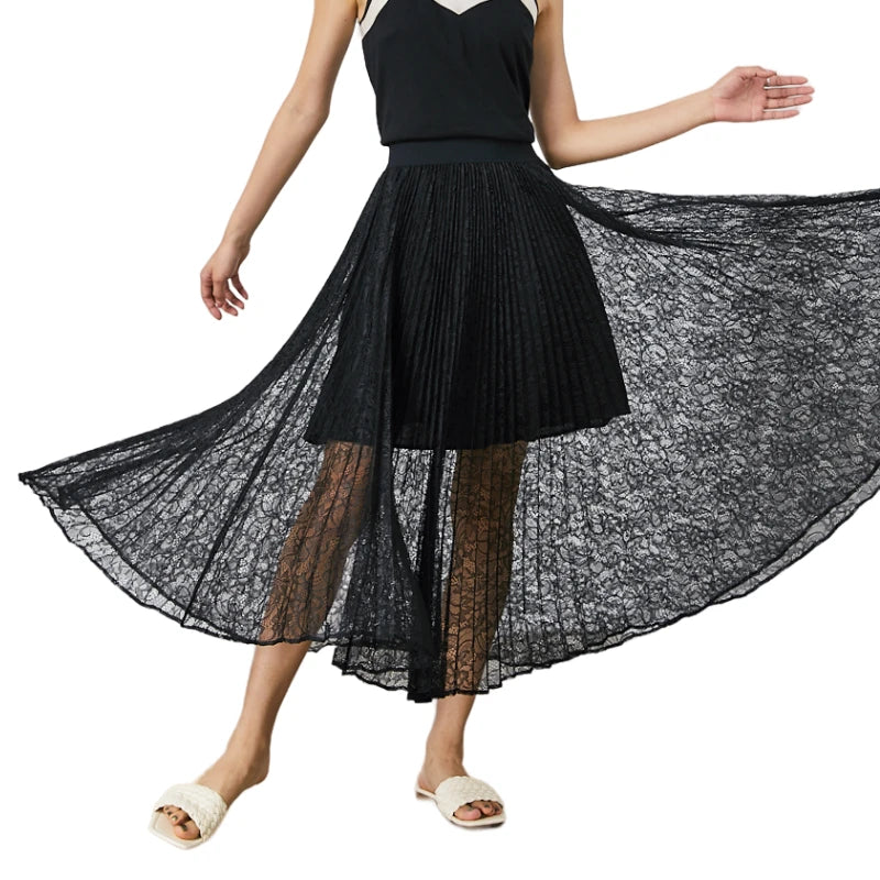 JJparty-C163 Women floral lace elasticated waist full circle sunburst pleated midi skirt