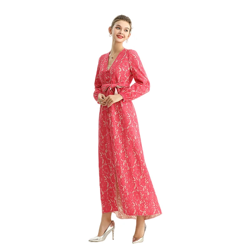 JJparty-C165-2 Women bonded lace long sleeves evening maxi robe dress