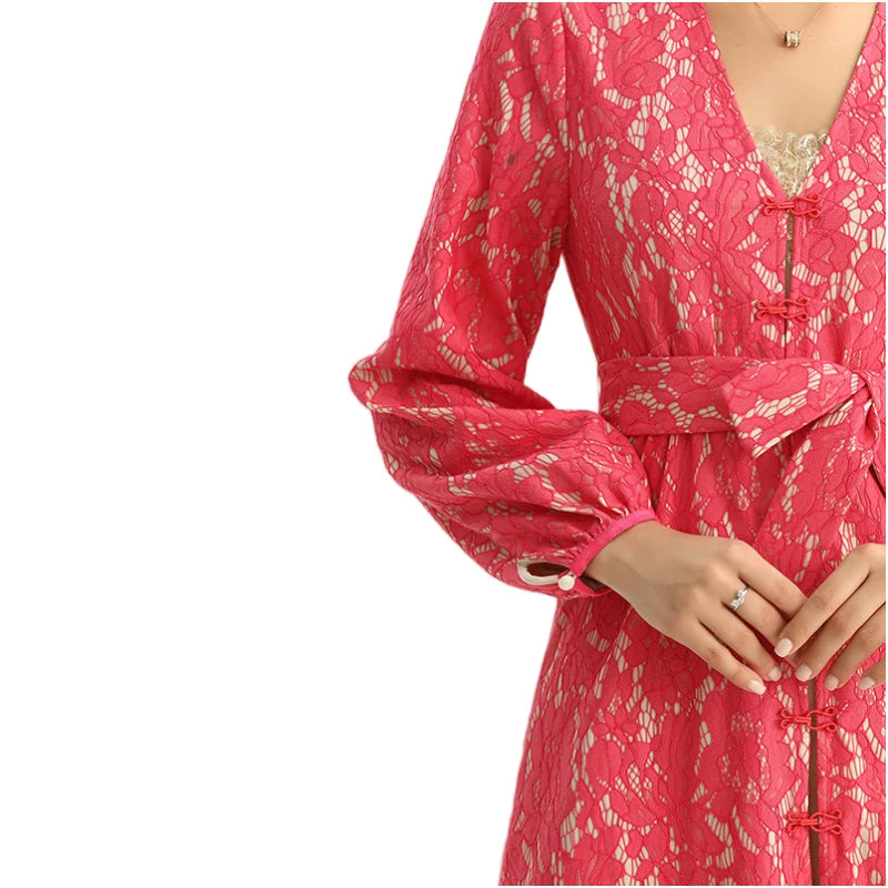 JJparty-C165-2 Women bonded lace long sleeves evening maxi robe dress