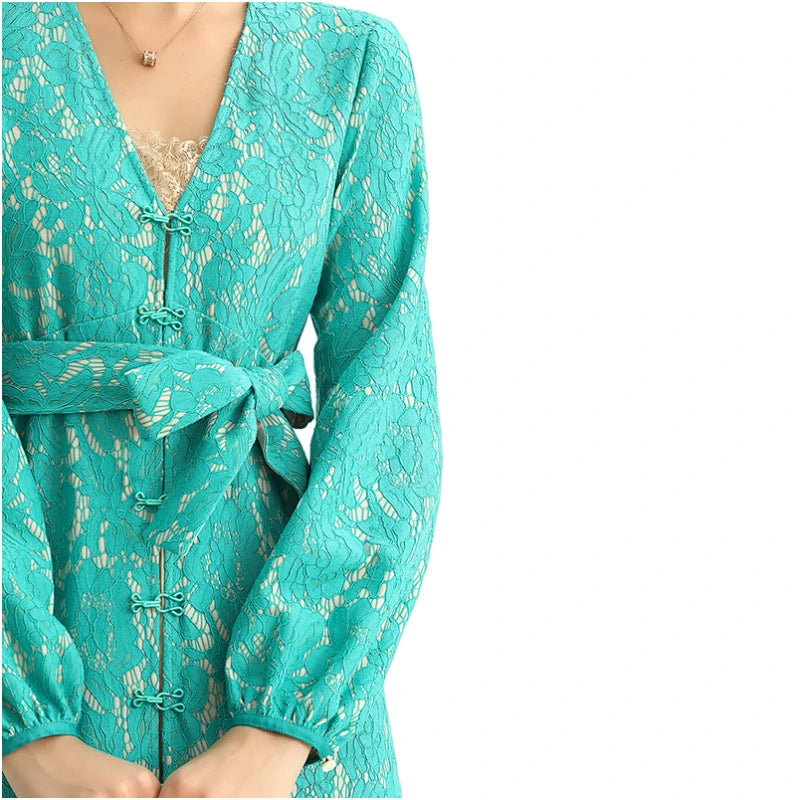 JJparty-C165-2 Women bonded lace long sleeves evening maxi robe dress