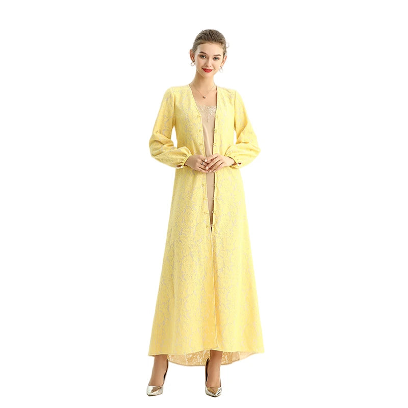JJparty-C165-2 Women bonded lace long sleeves evening maxi robe dress