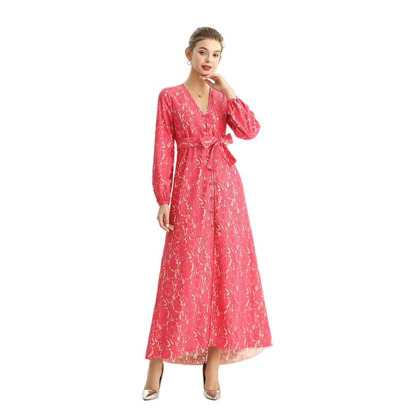 JJparty-C165-2 Women bonded lace long sleeves evening maxi robe dress