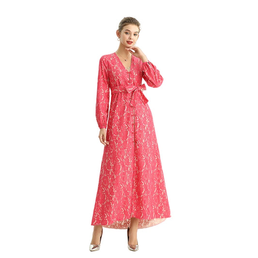 JJparty-C165-2 Women bonded lace long sleeves evening maxi robe dress