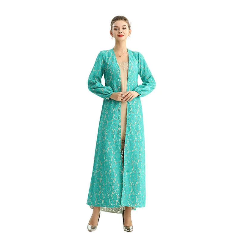 JJparty-C165-2 Women bonded lace long sleeves evening maxi robe dress