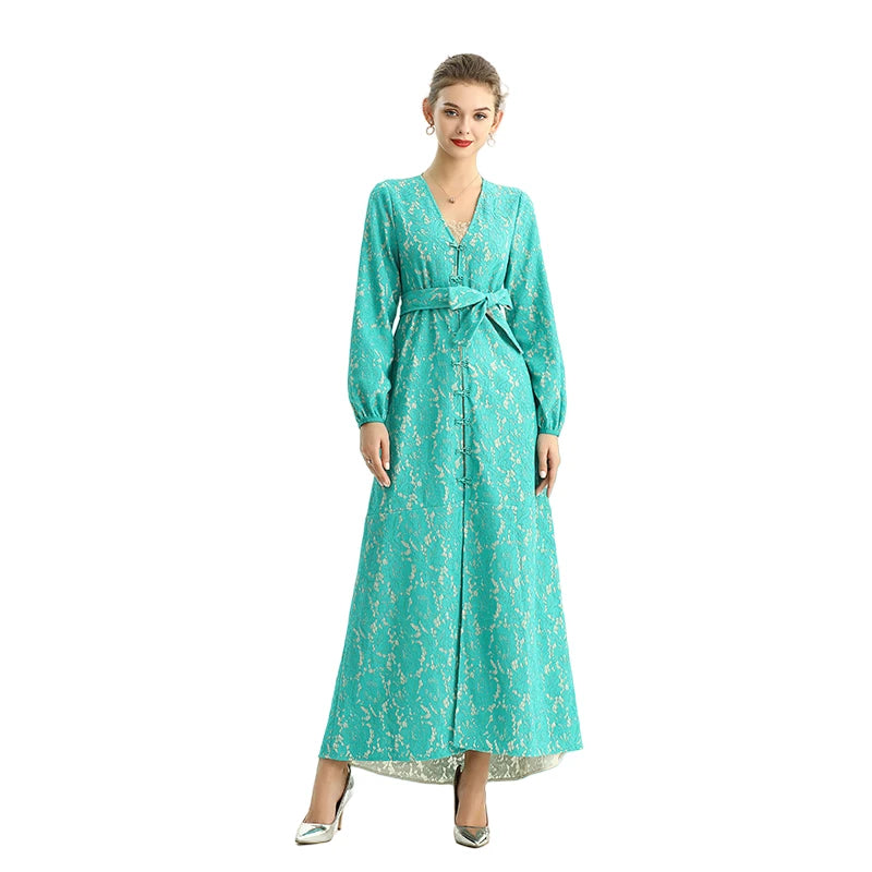 JJparty-C165-2 Women bonded lace long sleeves evening maxi robe dress