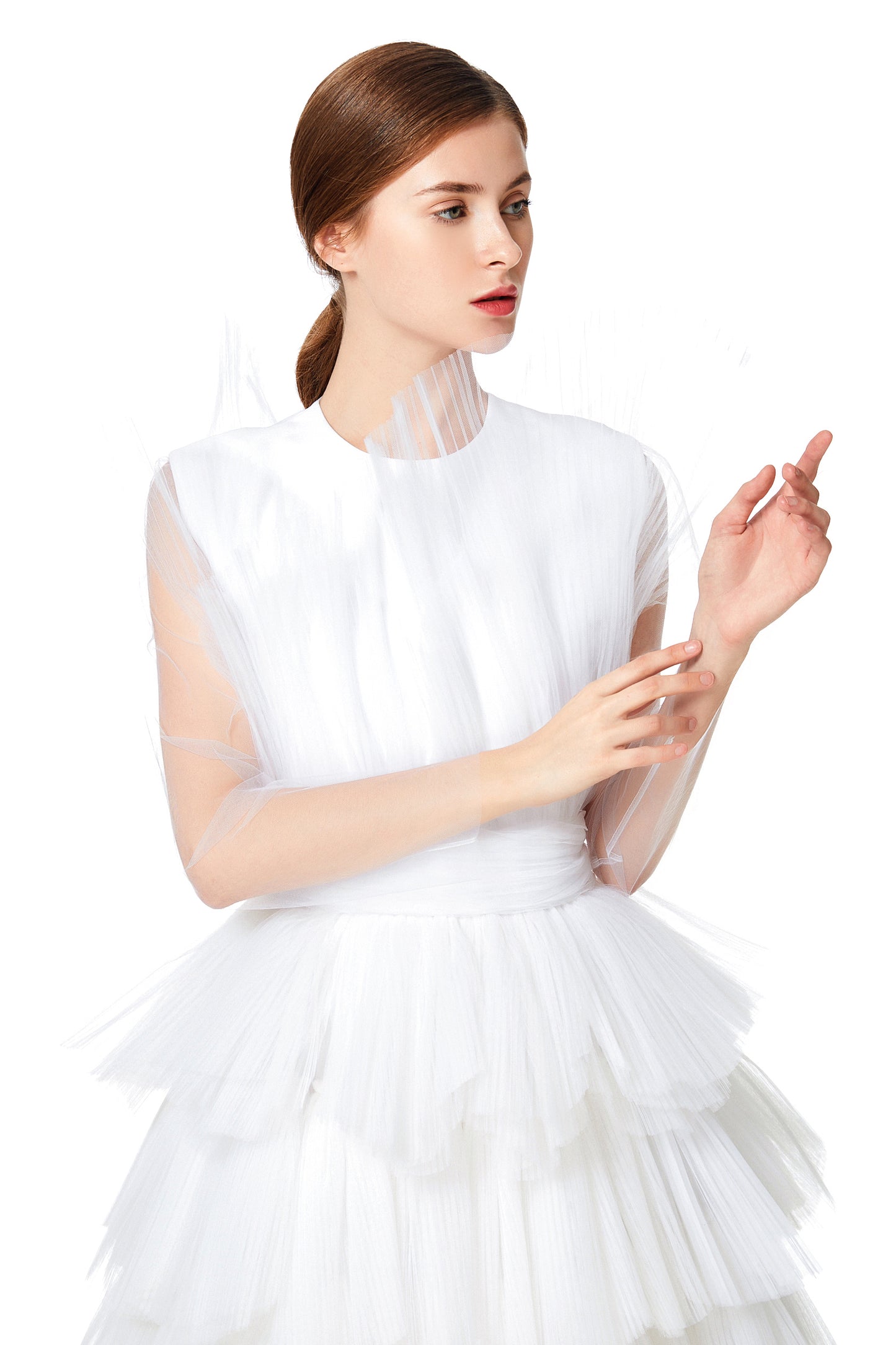 JJparty-D132 Women Girls satin top round neck pleated ruffle tiered tulle gown