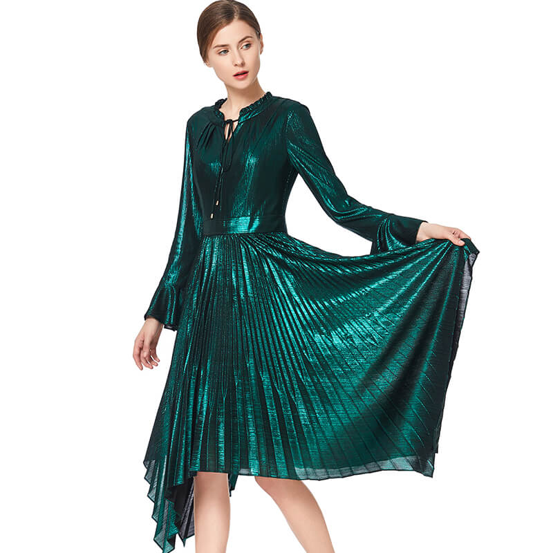 JJparty-D042 Women metallic knit long sleeves pleated handkerchief-hem midi party dress