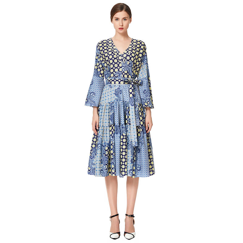 JJparty-D051 Women print polyester three-quarter sleeves tiered design midi dress