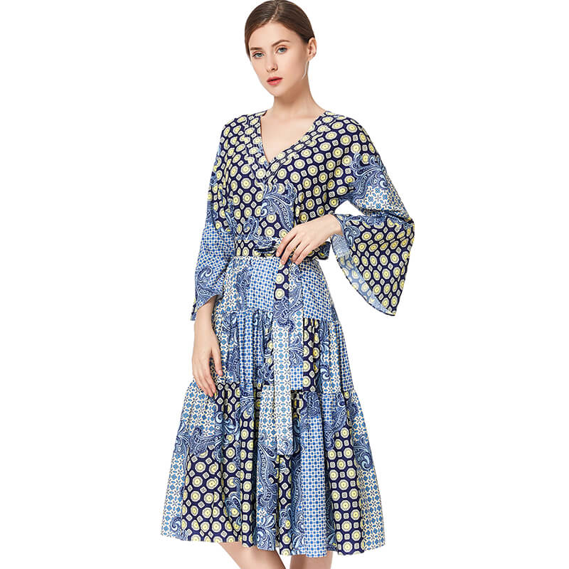 JJparty-D051 Women print polyester three-quarter sleeves tiered design midi dress