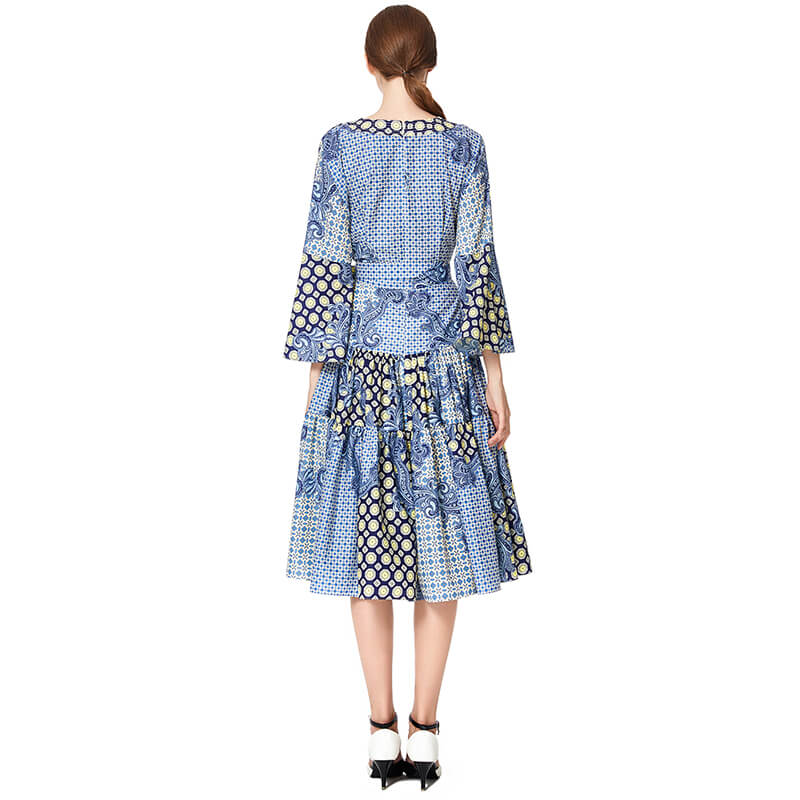 JJparty-D051 Women print polyester three-quarter sleeves tiered design midi dress