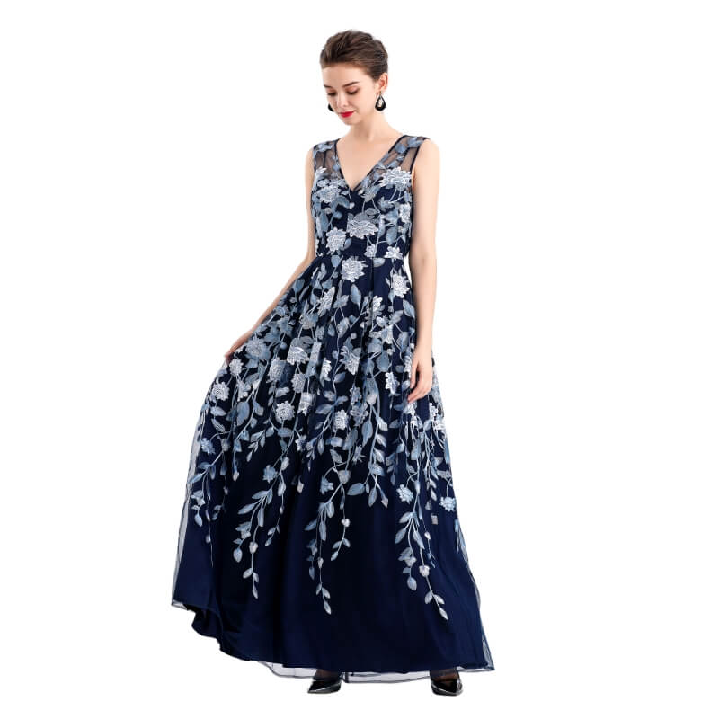 JJparty-D055 Women all-over floral embroidered V neck sleeveless full circle flared maxi evening dress