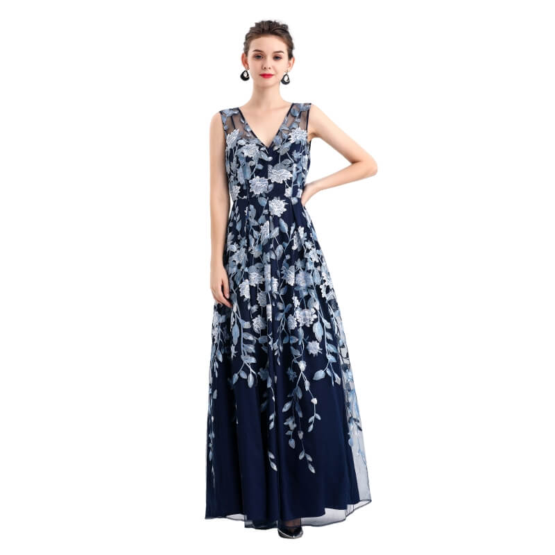 JJparty-D055 Women all-over floral embroidered V neck sleeveless full circle flared maxi evening dress