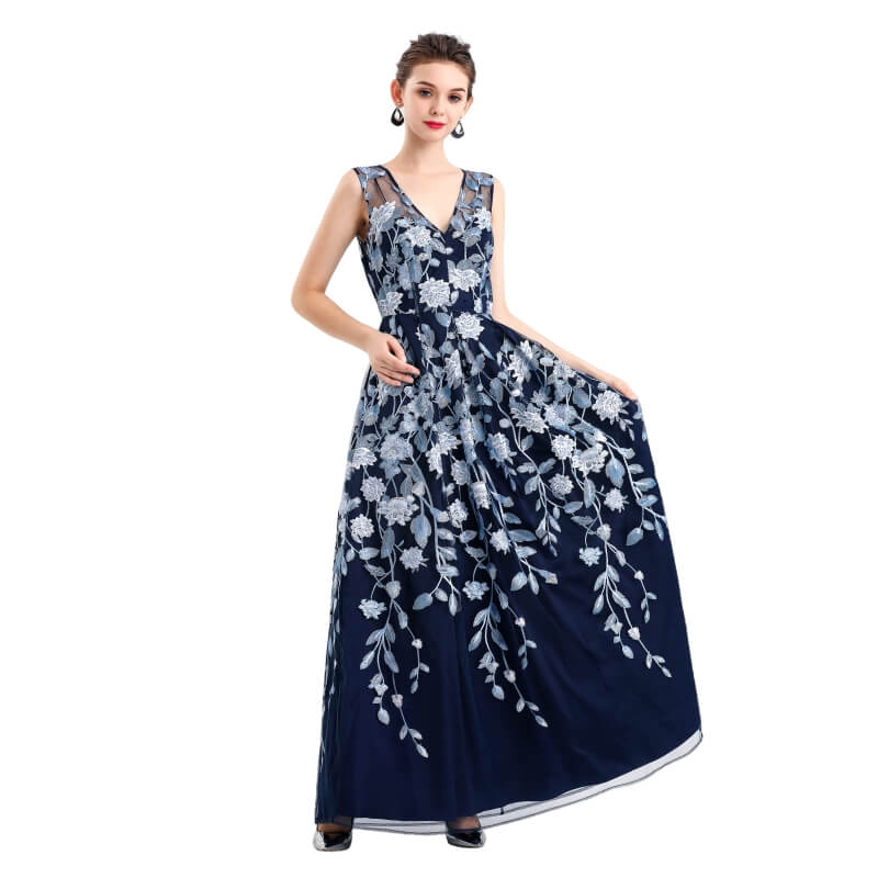 JJparty-D055 Women all-over floral embroidered V neck sleeveless full circle flared maxi evening dress