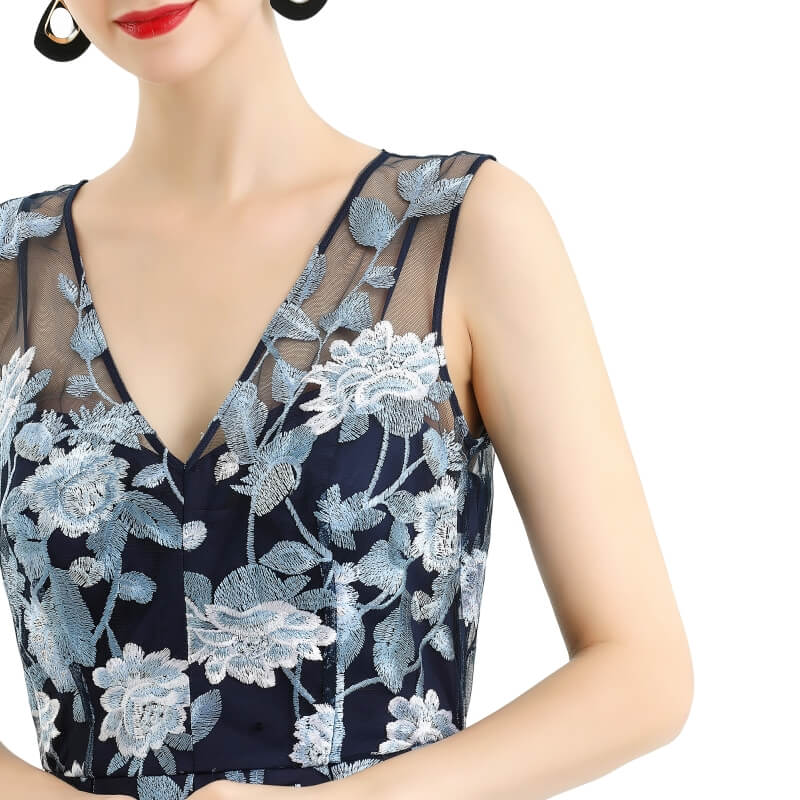 JJparty-D055 Women all-over floral embroidered V neck sleeveless full circle flared maxi evening dress