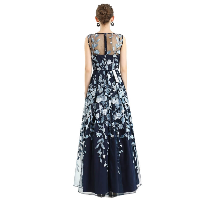 JJparty-D055 Women all-over floral embroidered V neck sleeveless full circle flared maxi evening dress