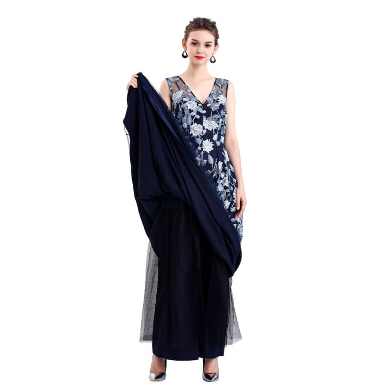 JJparty-D055 Women all-over floral embroidered V neck sleeveless full circle flared maxi evening dress