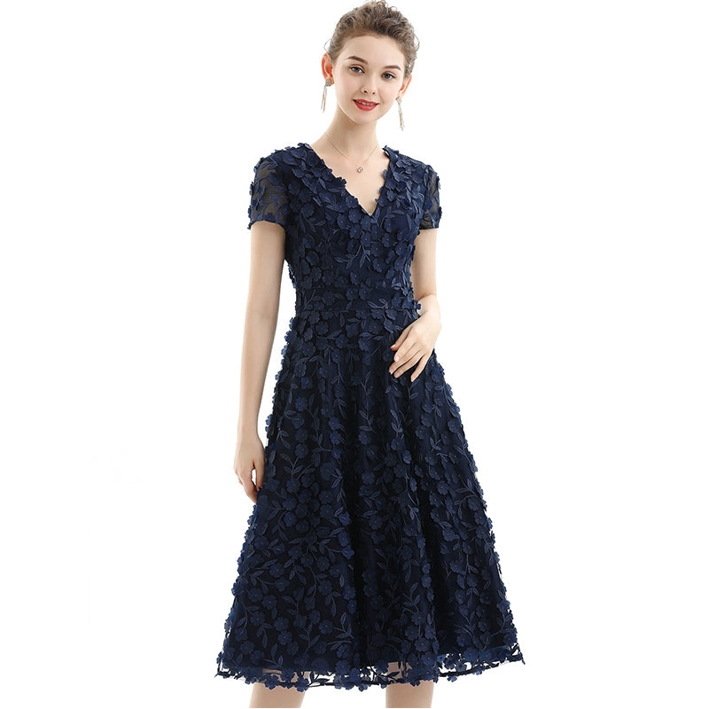 JJparty-D063-1 Women 3D flower embroidered tulle V neck cap sleeves flared midi evening dress