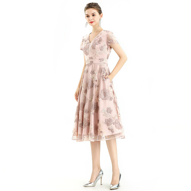 JJparty-D063-2 Women flower embroidered tulle V neck cap sleeves flared midi evening dress