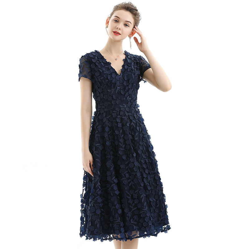 JJparty-D063-1 Women 3D flower embroidered tulle V neck cap sleeves flared midi evening dress