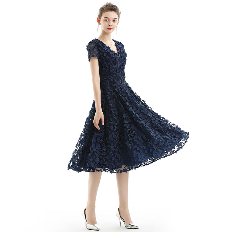 JJparty-D063-1 Women 3D flower embroidered tulle V neck cap sleeves flared midi evening dress