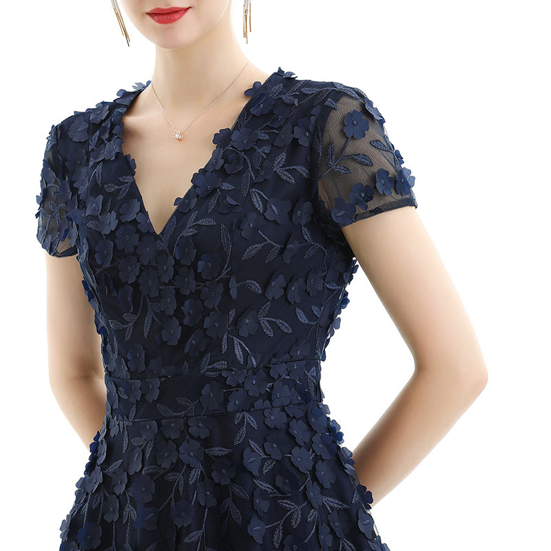 JJparty-D063-1 Women 3D flower embroidered tulle V neck cap sleeves flared midi evening dress