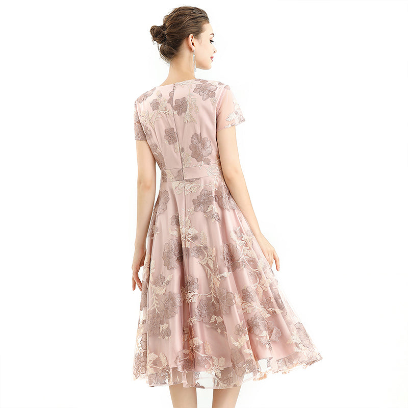 JJparty-D063-2 Women flower embroidered tulle V neck cap sleeves flared midi evening dress