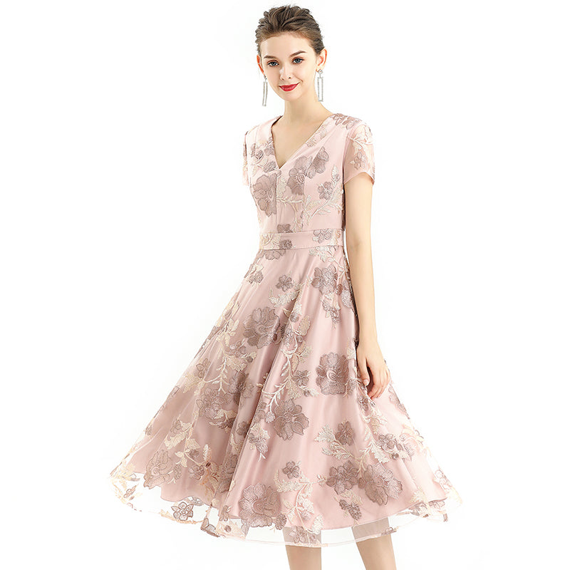 JJparty-D063-2 Women flower embroidered tulle V neck cap sleeves flared midi evening dress
