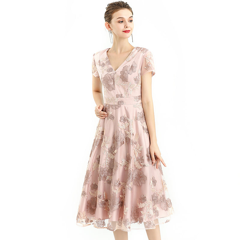 JJparty-D063-2 Women flower embroidered tulle V neck cap sleeves flared midi evening dress