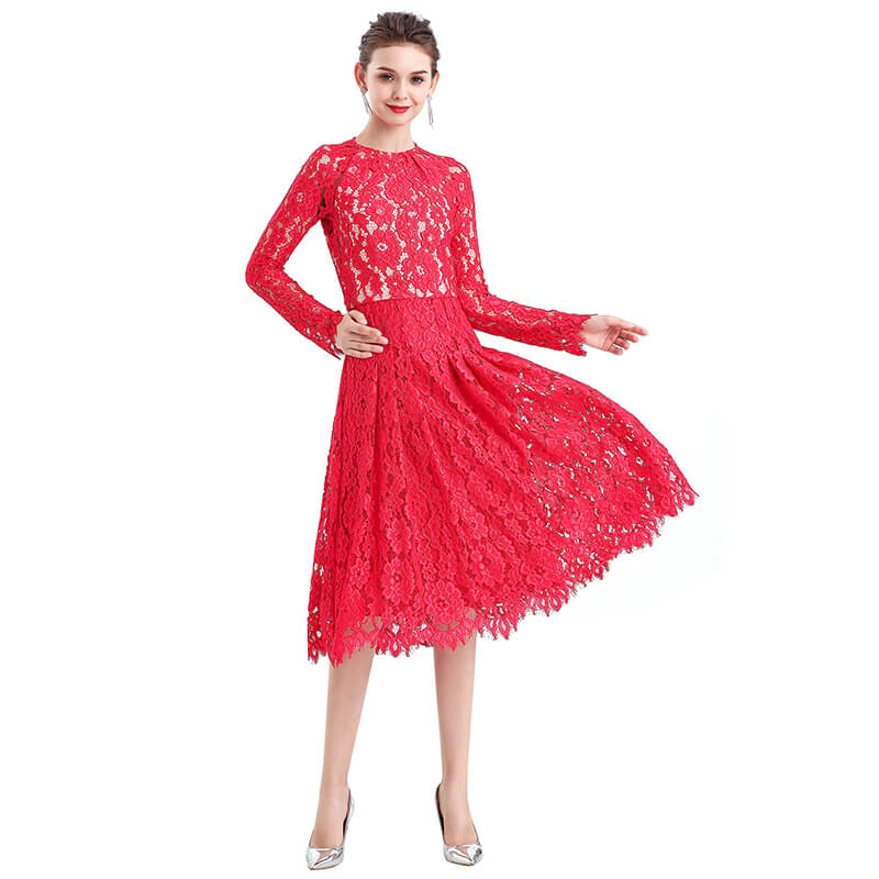 JJparty-D080-2 Women floral scallop lace long sleeves flared pleated party midi dress