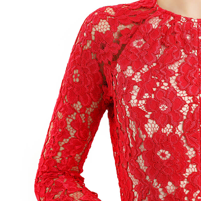 JJparty-D080-2 Women floral scallop lace long sleeves flared pleated party midi dress