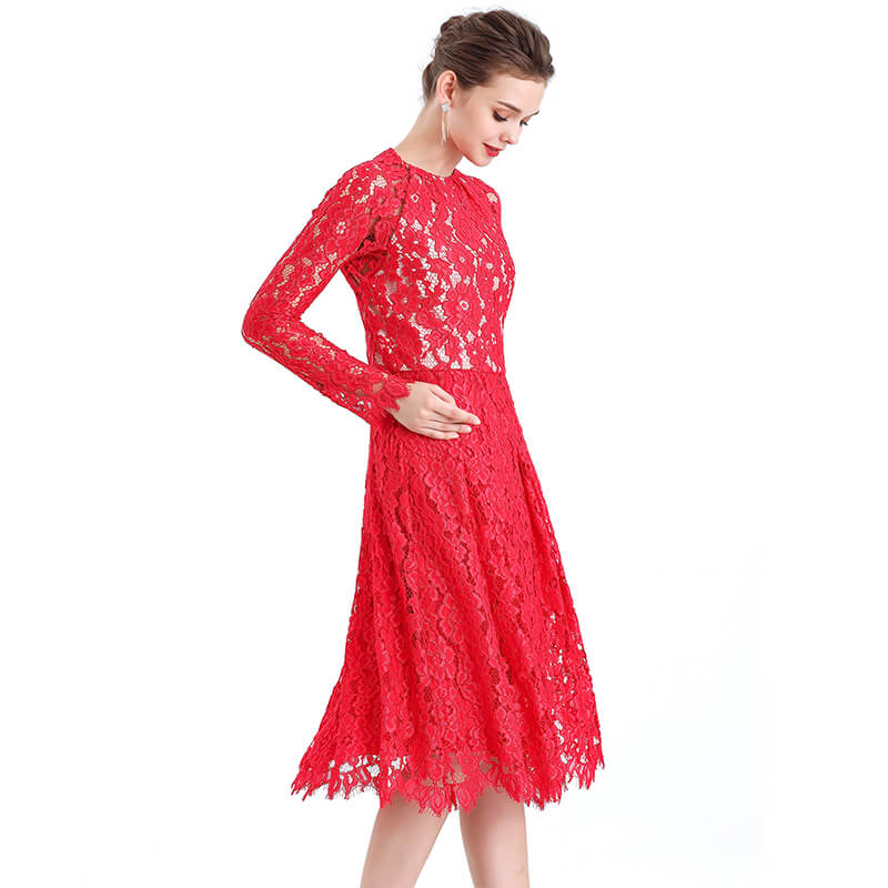 JJparty-D080-2 Women floral scallop lace long sleeves flared pleated party midi dress