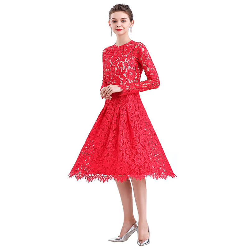 JJparty-D080-2 Women floral scallop lace long sleeves flared pleated party midi dress