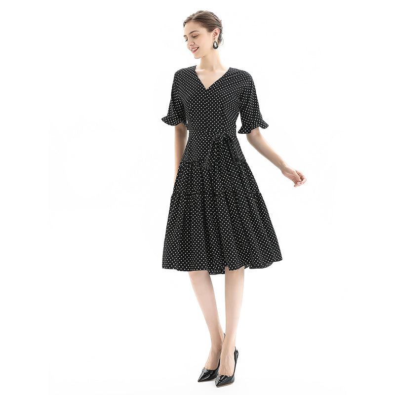 JJparty-D081-2 Women polka dot print short sleeves tiered midi day dress