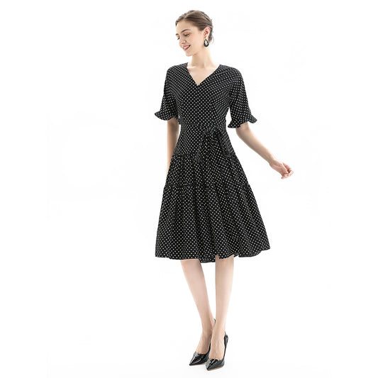 JJparty-D081-2 Women polka dot print short sleeves tiered midi day dress